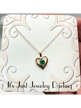 Womens Necklace 10K Yellow Gold Green Emerald Diamond Heart Pendant Gift Idea